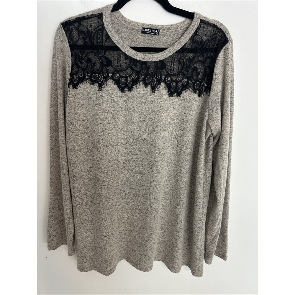 Heimish USA Women's L Long Sleeve Soft Lightweight Black Lace Neckline Pull Over